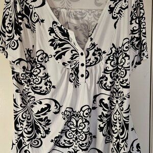 Halife Black on White Creative Classic Design Flowing Short Sleeve Blouse